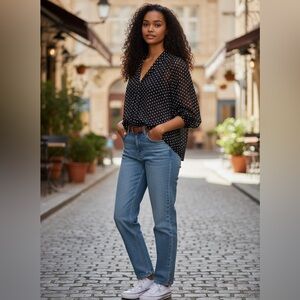 Calvin Klein Black Blouse with Cream Polka Dots EUC 1X